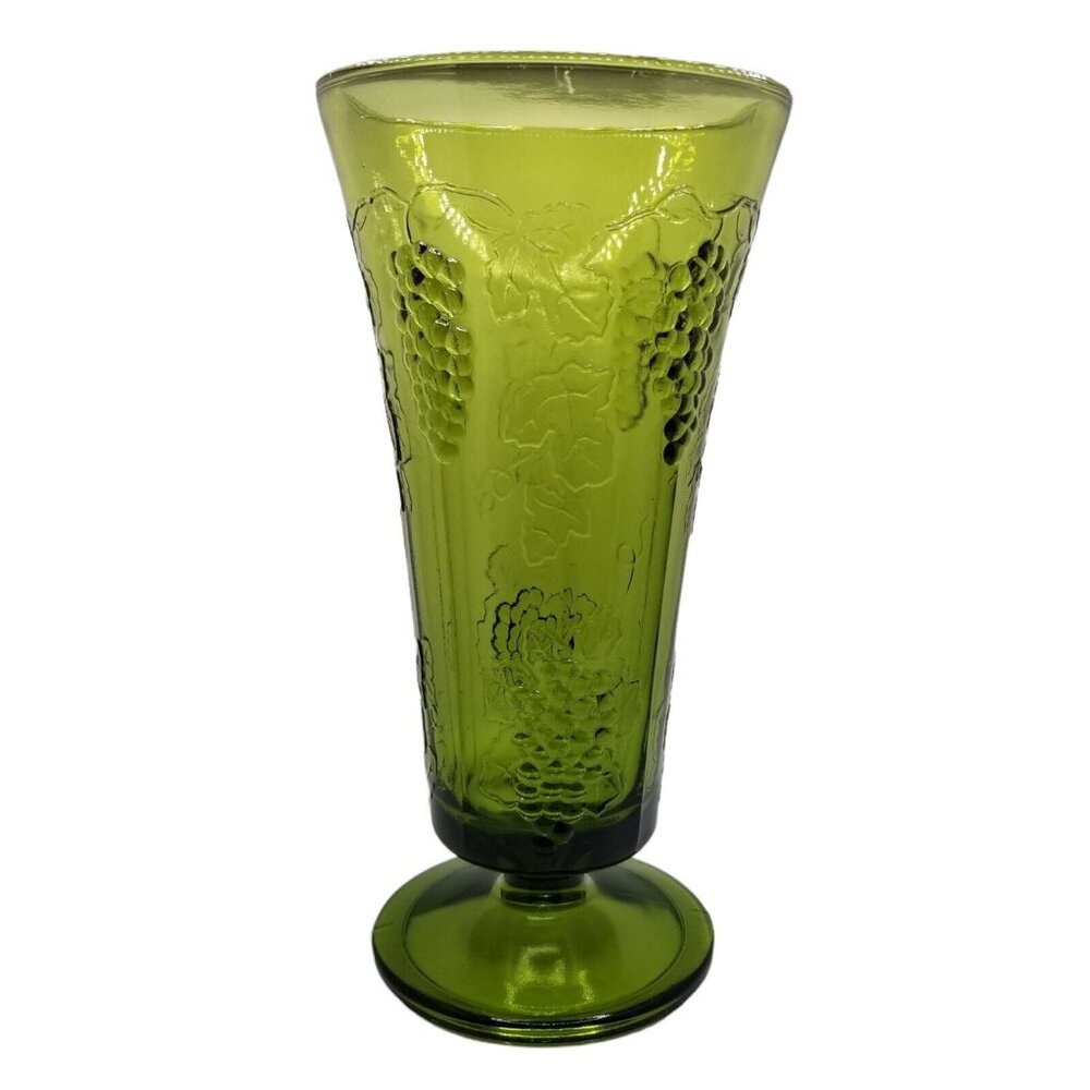 Vintage Vase Indiana Glass Harvest Grapes Avocado Green Olive Green Decorative